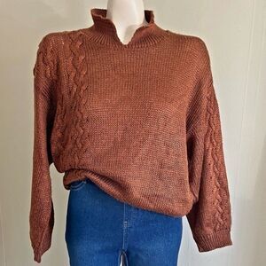 Vintage Cable Knit Sweater Brown Mock Neck USA Cozy Slouchy M L